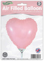 A pack of five Oaktree 9" matte pink heart-shaped foil balloons, air-fill only with self-sealing valves. Packaging shows a large pink heart balloon and product details.