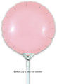 A 9" matte pink round Oaktree foil balloon (airfill only, self-sealing valve, 5 per pack), shown on a white holder with “Balloon Cup & Stick Not Included” displayed below.