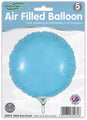 A pack of five 9" matte blue round Oaktree foil balloons, airfill only with self-sealing valves. Features product info on the front and a UK made label.