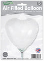 A pack of five 9" matte white heart foil balloons by Oaktree, airfill only with self-sealing valve. The packaging displays the inflated balloon.