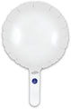 A matte white, round 9" Oaktree brand foil balloon with a self-sealing valve and small handle is shown against a white background. Sold in packs of 5 and airfill only.