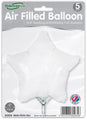 Oaktree's 9" Matte White Star Foil Balloons are air-fill only, feature a self-sealing valve, and come in packs of 5. Packaging displays product details and the UK flag.
