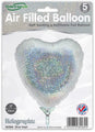 Oaktree 9" airfill-only holographic silver heart foil balloons with self-sealing valve, sold as a pack of 5. Each features sparkling silver holographic design; refillable and perfect for decorations.