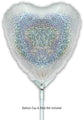 The Oaktree 9" holographic silver heart foil balloon (airfill only, self-sealing, 5 per pack) has a glittery look. Balloon cup & stick not included.