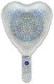 A 9" Oaktree holographic silver heart foil balloon (airfill only, self-sealing valve, 5 per pack) with a sparkling effect and handle, shown against a white background.
