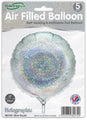 A pack of five 9" Oaktree holographic silver round foil balloons, airfill only with self-sealing valve and refillable. Packaging features a shimmering iridescent design.