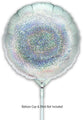 The image shows a 9" Oaktree holographic silver round foil balloon (airfill only, self-sealing valve, 5 per pack) on a white stick. Text below reads: Balloon Cup & Stick Not Included.