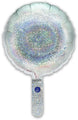 The Oaktree 9" Holographic Silver Round Foil Balloon (airfill only, self-sealing valve, 5 per pack) features a sparkling, mirror-like surface and includes a matching handle.