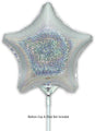 An inflated 9" holographic silver star-shaped foil balloon from Oaktree is shown on a white stick against a plain white background. Text below reads: Balloon cup & stick not included.