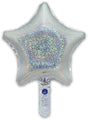 The Oaktree 9" Holographic Silver Star Foil Balloon features a glittery star shape, handy bottom handle, airfill-only self-sealing valve, and comes in a 5-pack—perfect as a magic wand prop.