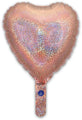 The Oaktree 9" Holographic Rose Gold Heart Foil Balloon features a shiny heart shape, a shimmering rose gold surface, and a self-sealing valve. Airfill only; sold in packs of 5.