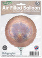 The Oaktree 9" holographic rose gold round foil balloon is air-fill only, self-sealing, refillable, and made in the UK. Each pack contains 5 balloons.