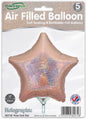 A pack of 5 Oaktree 9" holographic rose gold star foil balloons, air-fill only with self-sealing valves and refillable.