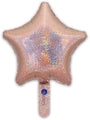 The Oaktree 9" Holographic Rose Gold Star Foil Balloon (airfill only, self-sealing valve) features a shiny, iridescent finish and a short handle, shown against a white background. Sold in packs of 5.