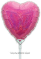 The Oaktree 9" holographic pink heart foil balloon (air-fill only, self-sealing valve, 5 per pack) features a shiny surface. Cup & stick not included.