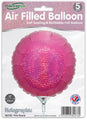 A pack of five Oaktree 9" holographic pink round foil balloons, air-fill only with self-sealing valve, refillable. Shiny pink color shown on the package.