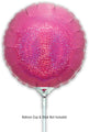 A 9" holographic pink round foil balloon by Oaktree is shown attached to a plastic stick. Balloon Cup & Stick Not Included. Sold in packs of 5, airfill only with self-sealing valve.
