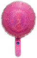 The Oaktree 9" Airfill Only Holographic Pink Round Foil Balloon (5 per pack) features a shiny, reflective pink finish and a small handle at the bottom. Includes a self-sealing valve.