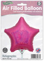 A pack of five 9" Oaktree holographic pink star foil balloons, air-fill only with self-sealing valve and refillable design, UK flag branding included.