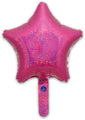 The Oaktree 9" Holographic Pink Star Foil Balloon features a sparkling, star-shaped design with a self-sealing valve, rectangular handle, and glitter-like finish. Air-fill only. Sold in packs of 5.