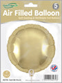 A pack of five 9" Oaktree Gold Silk round foil balloons, air fill only with self-sealing valves.