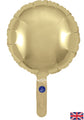 The Oaktree 9" Airfill Only Gold Silk Round Foil Balloon, featuring a self-sealing valve, has a round top and handle with a small blue sticker and includes a British flag in the bottom right corner. Pack contains 5 balloons.