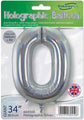 The 34" Number 0 Holographic Silver Oaktree Foil Balloon comes in green and white packaging, is suitable for helium or air inflation, and is branded by Oaktree.