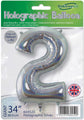 The Oaktree 34" Number 2 Holographic Silver Foil Balloon comes in retail packaging with UK flag branding, and can be filled with helium or air.