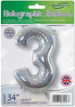 The 34" Number 3 Holographic Silver Oaktree Foil Balloon by Oaktree is a shiny, holographic silver balloon shaped like the number 3. It can be inflated with helium or air and is displayed in Holographic Balloon packaging.