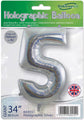 The 34" Number 5 Holographic Silver Oaktree Foil Balloon comes in a clear wrapper, is suitable for helium or air inflation, and features Oaktree branding.