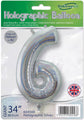 A 34" Number 6 Holographic Silver Oaktree Foil Balloon by Oaktree, can be inflated with helium or air. The packaging displays the brand and product details.