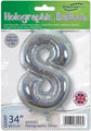 The Oaktree 34" Number 8 Holographic Silver Foil Balloon can be inflated with helium or air. The packaged balloon features the Oaktree brand at the top and measures 34 inches (86.4 cm) in height.