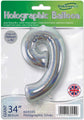 The Oaktree 34" Number 9 Holographic Silver Foil Balloon is packaged and labeled for inflation with helium or air. The packaging includes a UK flag, stating "Designed and Printed in the UK.
