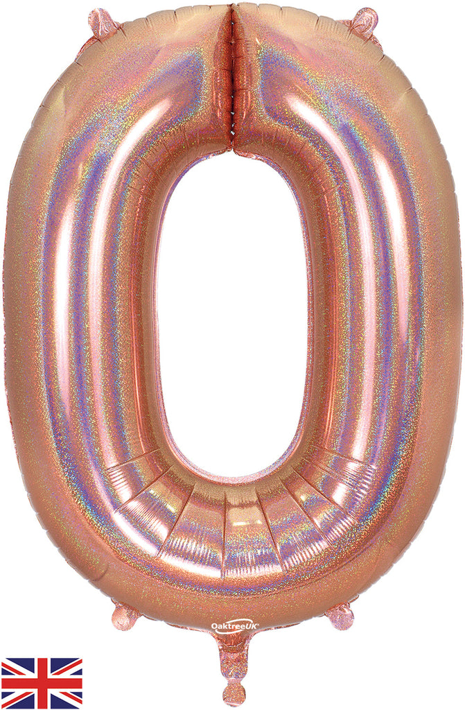 34" Number 0 Holographic Rose Gold Oaktree Foil Balloon