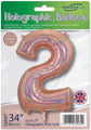 The Oaktree 34" Number 2 Holographic Rose Gold Foil Balloon comes in branded packaging with multilingual text and a British flag, showing it’s designed in the UK.