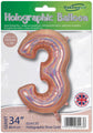 The Oaktree 34" Number 3 Holographic Rose Gold Foil Balloon is shown in packaging with text and a British flag, indicating it's suitable for helium or air inflation.