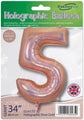 The Oaktree 34" Number 5 Holographic Rose Gold Foil Balloon can be filled with helium or air and features a UK flag logo on the packaging.