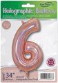 The Oaktree 34" Number 6 Holographic Rose Gold Foil Balloon can be inflated with helium or air. The packaging displays the Oaktree branding and a British flag symbol.