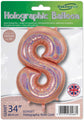 The Oaktree 34" Number 8 Holographic Rose Gold Foil Balloon is shown in packaging with multilingual text and a UK flag emblem, labeled giant size and suitable for helium or air.