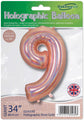The Oaktree 34" Number 9 Holographic Rose Gold Foil Balloon comes packaged and is suitable for helium or air inflation. The packaging displays the Oaktree brand logo.