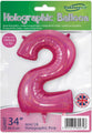 The 34" Number 2 Holographic Pink Oaktree Foil Balloon, designed in the UK, features a shiny pink finish and can be inflated with helium or air. The Oaktree brand name is displayed at the top of the package.
