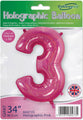 A package of the Oaktree 34" Number 3 Holographic Pink Foil Balloon, designed to be filled with helium or air, featuring a British flag motif and large pink number 3 balloon.