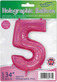 The Oaktree 34" Number 5 Holographic Pink Foil Balloon comes packaged with UK flag design and text stating it can be inflated with helium or air.