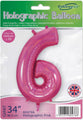 A packaged Oaktree 34" Number 6 Holographic Pink foil balloon can be inflated with helium or air. The packaging displays the brand logo and features a pink holographic design.
