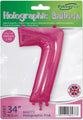 The 34" Number 7 Holographic Pink Oaktree Foil Balloon by Oaktree is shown in its packaging, which notes it’s suitable for helium or air inflation. A small British flag appears in the lower right corner.