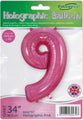 The Oaktree 34" Number 9 Holographic Pink Foil Balloon comes in a clear plastic wrapper labeled "Holographic Balloon" and is suitable for helium or air inflation.