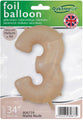 The 34" Number 3 Matte Nude Oaktree Foil Balloon is shown packaged; it’s from Oaktree, can be inflated with helium or air, and features a matte nude finish.