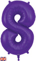 A shiny 34″ purple number 8 foil balloon from Oaktree with a small UK flag in the bottom left corner.