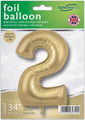 The Oaktree 34" Number 2 Silk Gold Foil Balloon is shown in its packaging. It measures 86.4 cm tall and can be inflated with helium or air.
