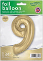 The Oaktree 34" Number 9 Silk Gold Foil Balloon is a packaged gold balloon that can be filled with air or helium. It features the UK flag on its packaging.